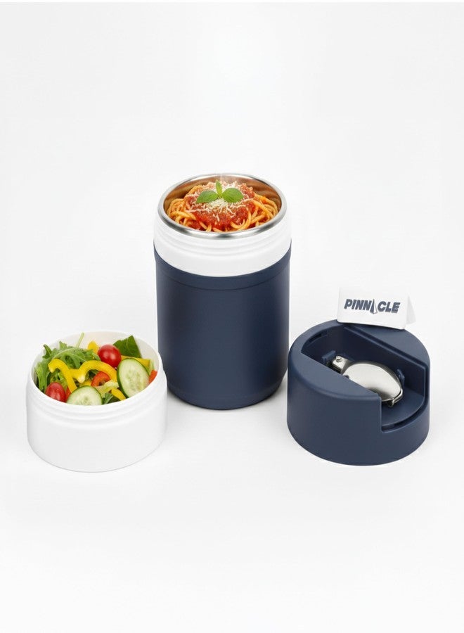 Pinnacle Pogo 600ml Food Jar | Stainless Steel Insulated Food Container with Dual Compartment,Wide Mouth & Foldable Spoon| Lunch Pot for Hot & Cold Food| Perfect for Office,School,Travel (Navy Blue) - Image 1